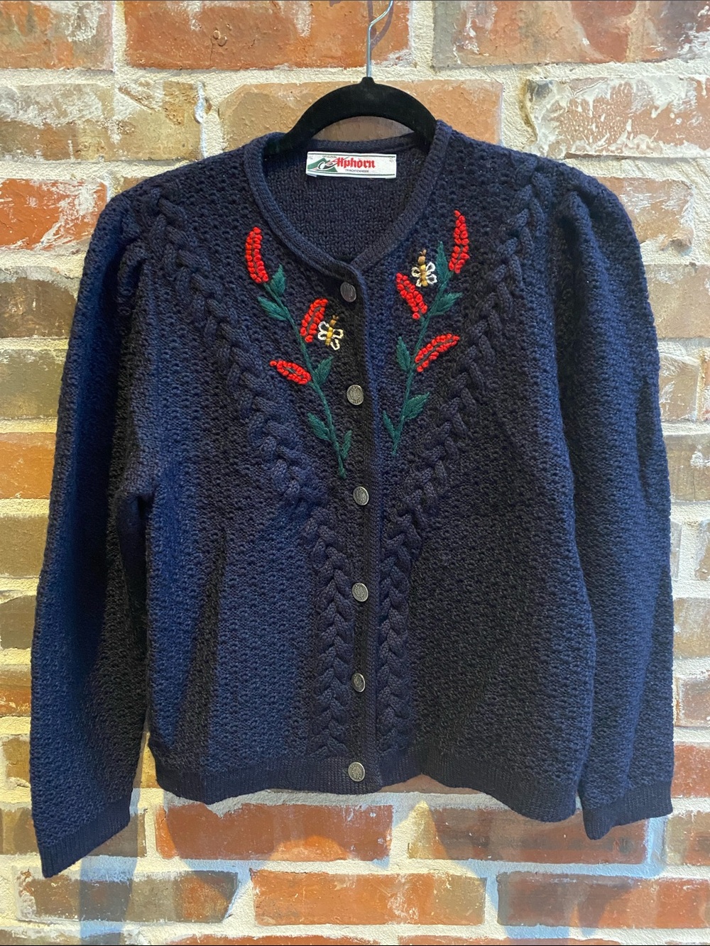 Alphorn 100% Pure Wool with Embroidery Cardigan silver coin buttons